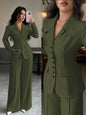 Cream Solid Color Tailored Blazer & Wide Leg Pants 2-Piece Set, V-Neck, Contrast Buttons,