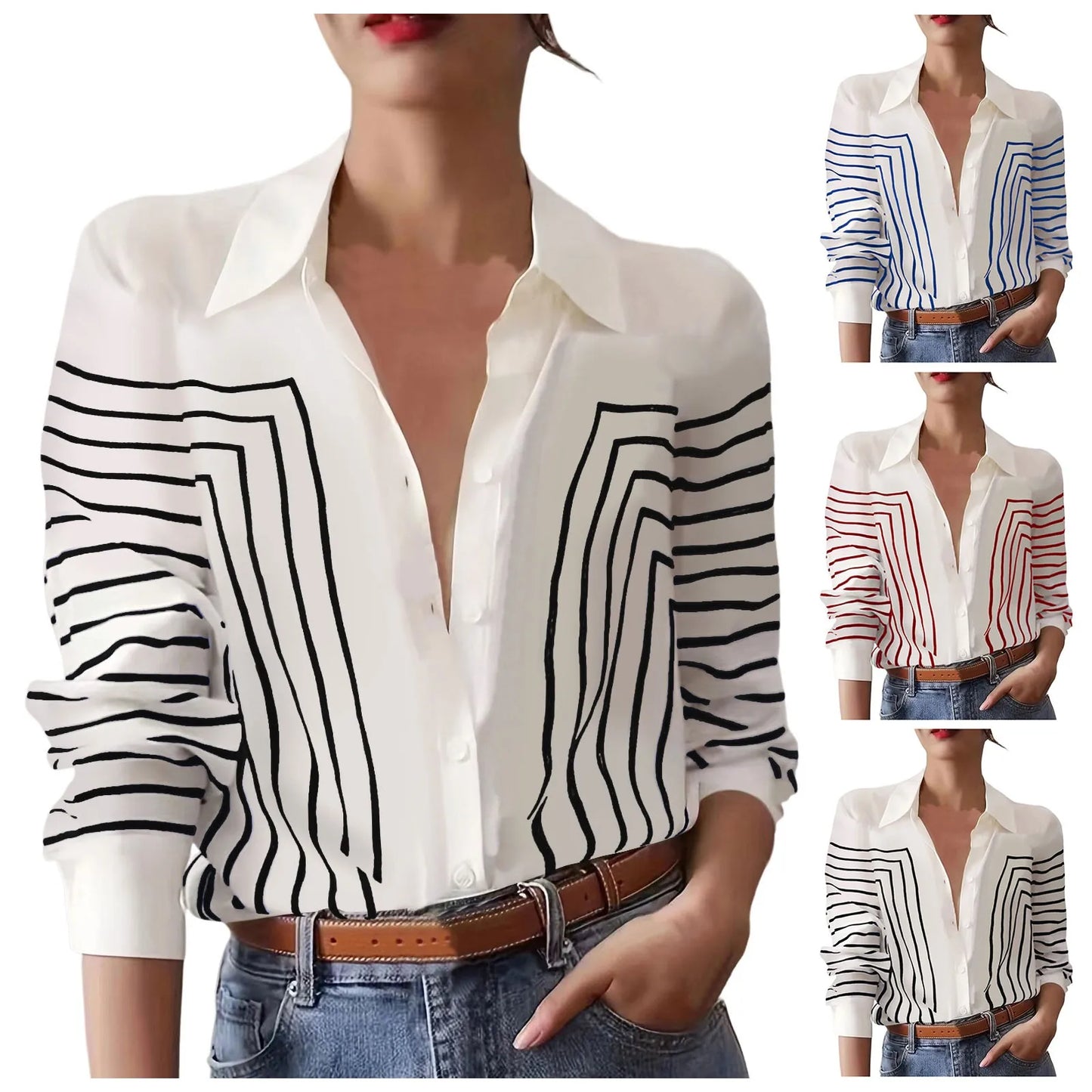 Women Casual Lapel Cotton Linen Shirt Long Sleeve Button Up Top