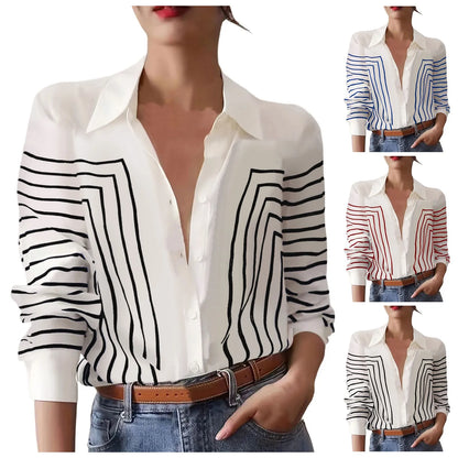 Women Casual Lapel Cotton Linen Shirt Long Sleeve Button Up Top
