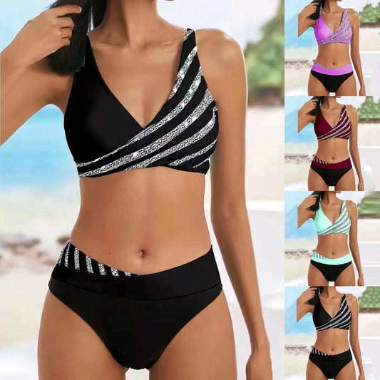 Women Shiny Print 2pcs Tankinis Set New Push Up Bra High Waist Beachwear