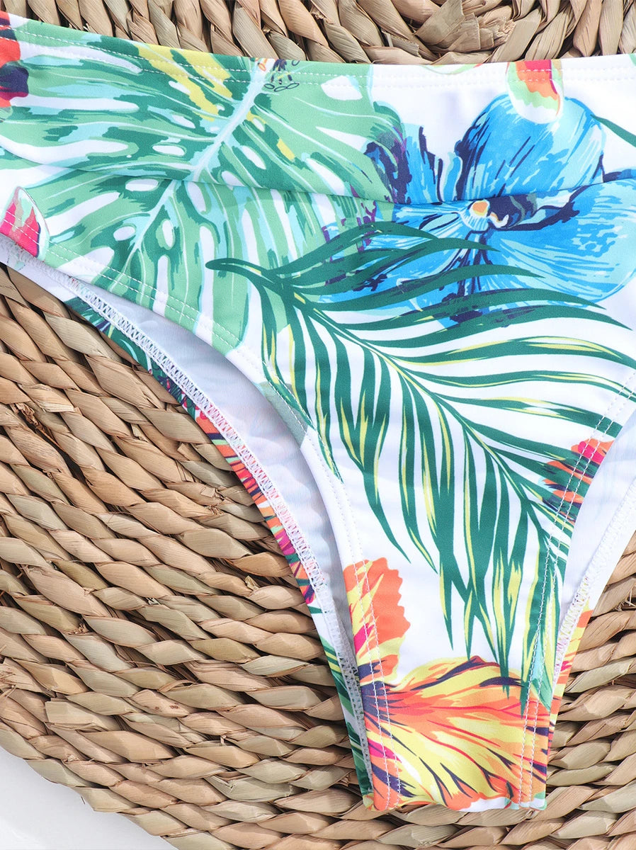 New Pink Leaves Printed Low Waist Two Pieces Bikini Set