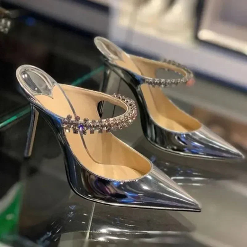 2025 New Fashionable Fine Heeled Muller Shoes with Pointed Water Diamond Chain Banquet
