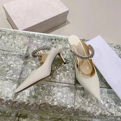 2025 New Fashionable Fine Heeled Muller Shoes with Pointed Water Diamond Chain Banquet