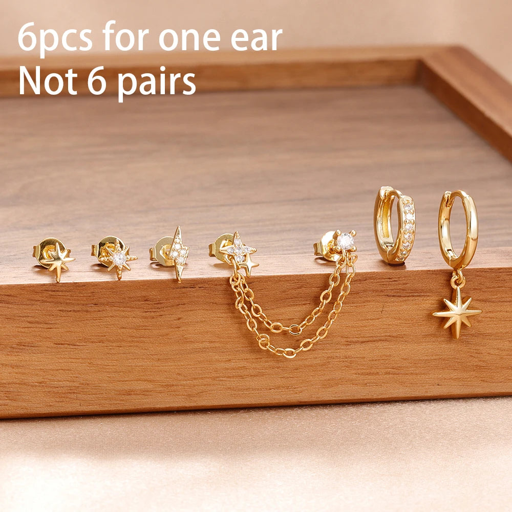 6PCS Fashion Cute Zircon Flower Ear Stud 18K Gold Plated Star Ear Stud Earrings