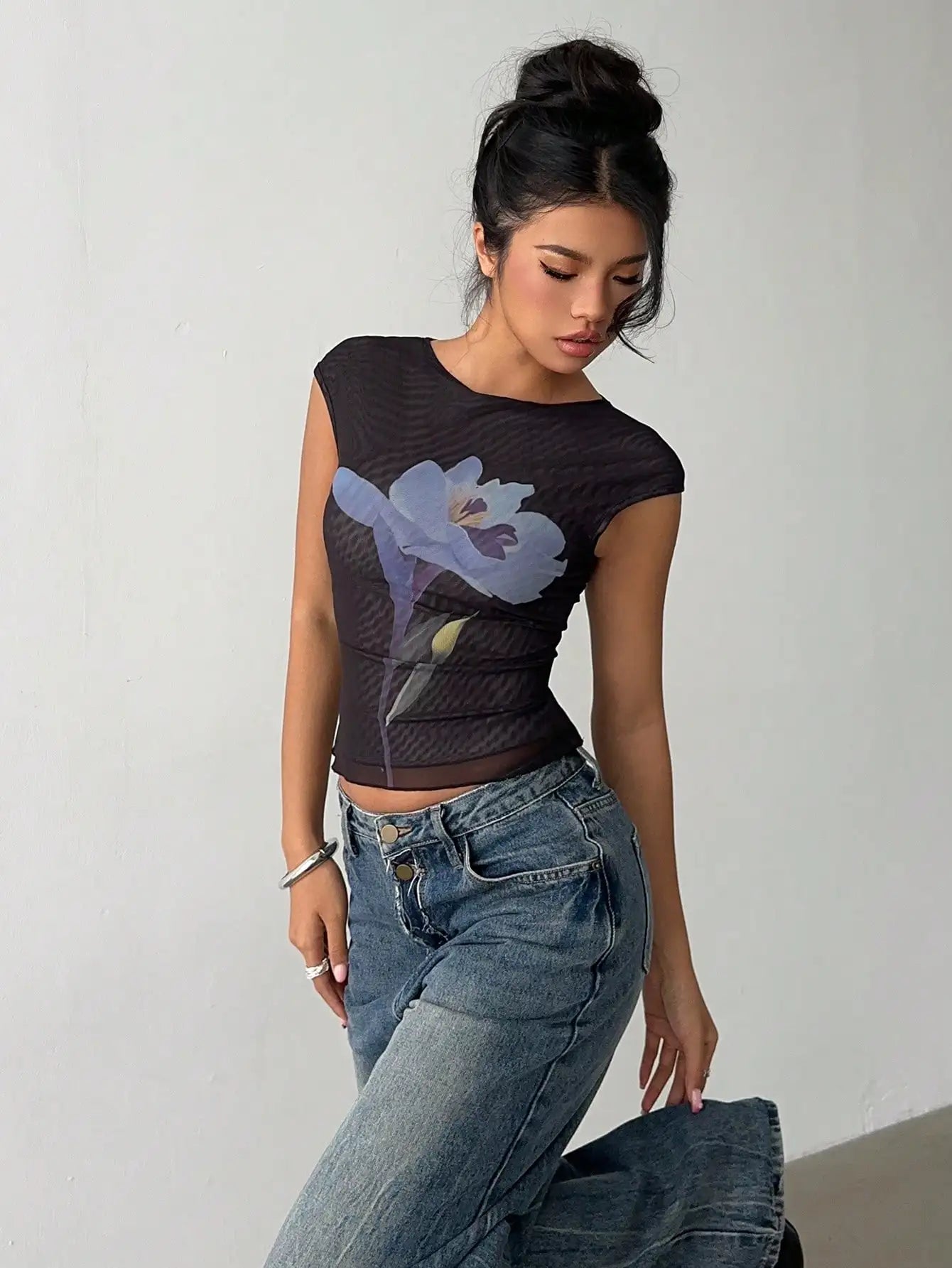 Black Floral Mesh Crop Top for Women, Sheer Sleeveless Summer Shirt