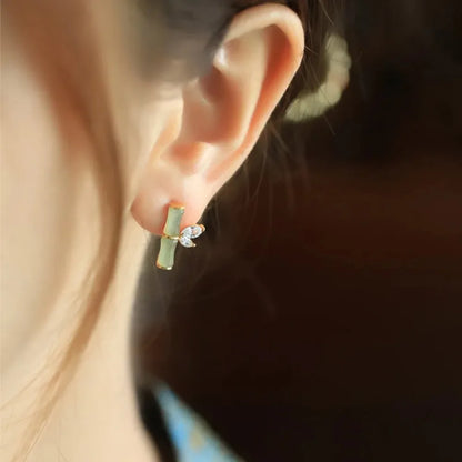 Vintage Ethnic Style Imitation Jade Bamboo Crystal Stud Earrings