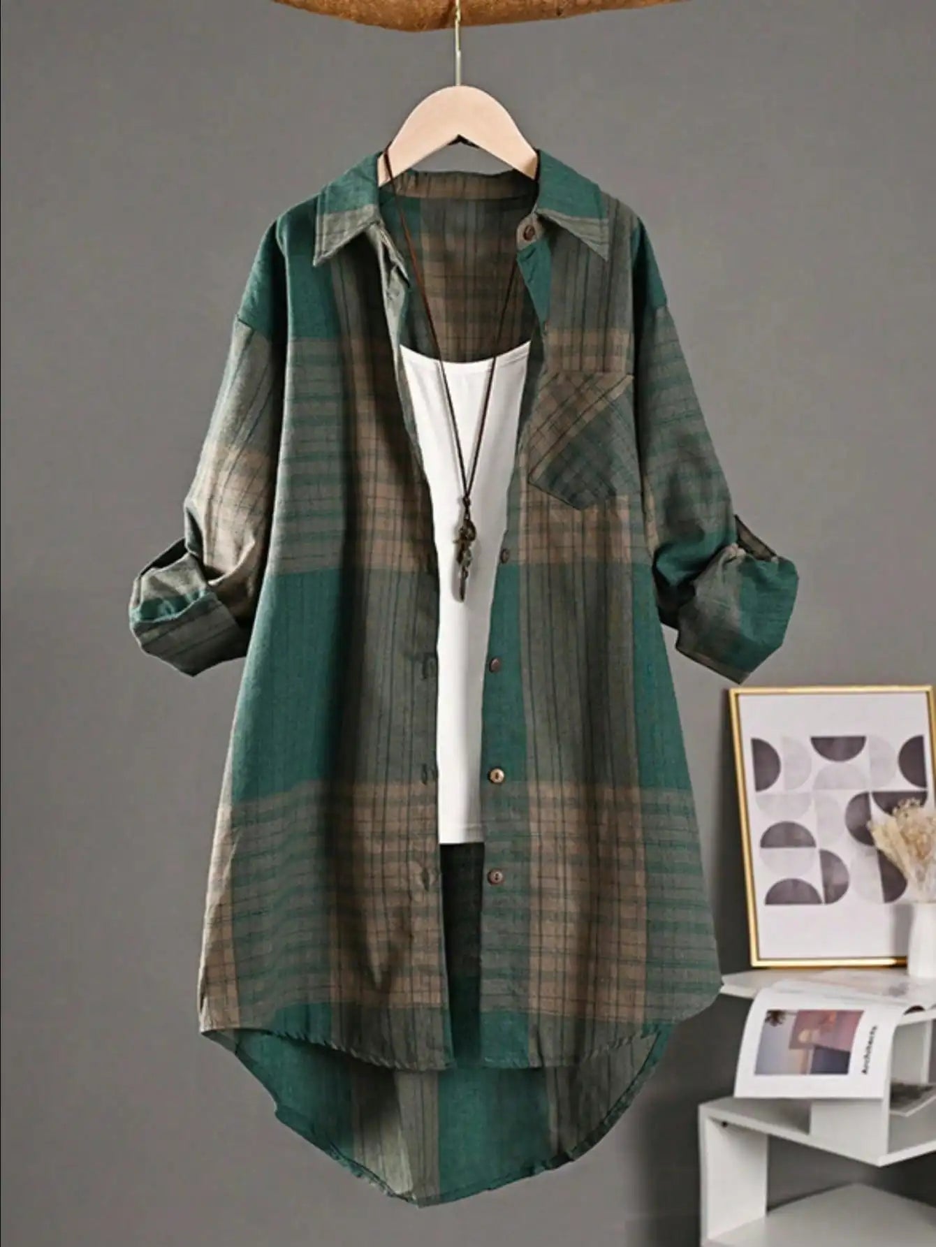 Plus Size Casual Retro Midi Women's Striped Plaid Loose Long Sleeve