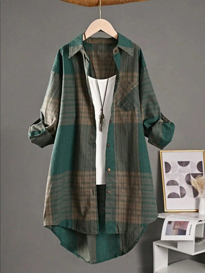 Plus Size Casual Retro Midi Women's Striped Plaid Loose Long Sleeve