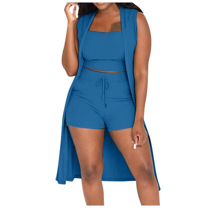 Solid Color 3 Piece Pants Set Casual Stretchy Ribbed Sleeveless Coat Vest And Shorts Suits