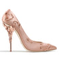 Luxury Leaves Metal Heel Women Shoes Pointed Toe Blue White Pink Black Silk Stiletto High Heels