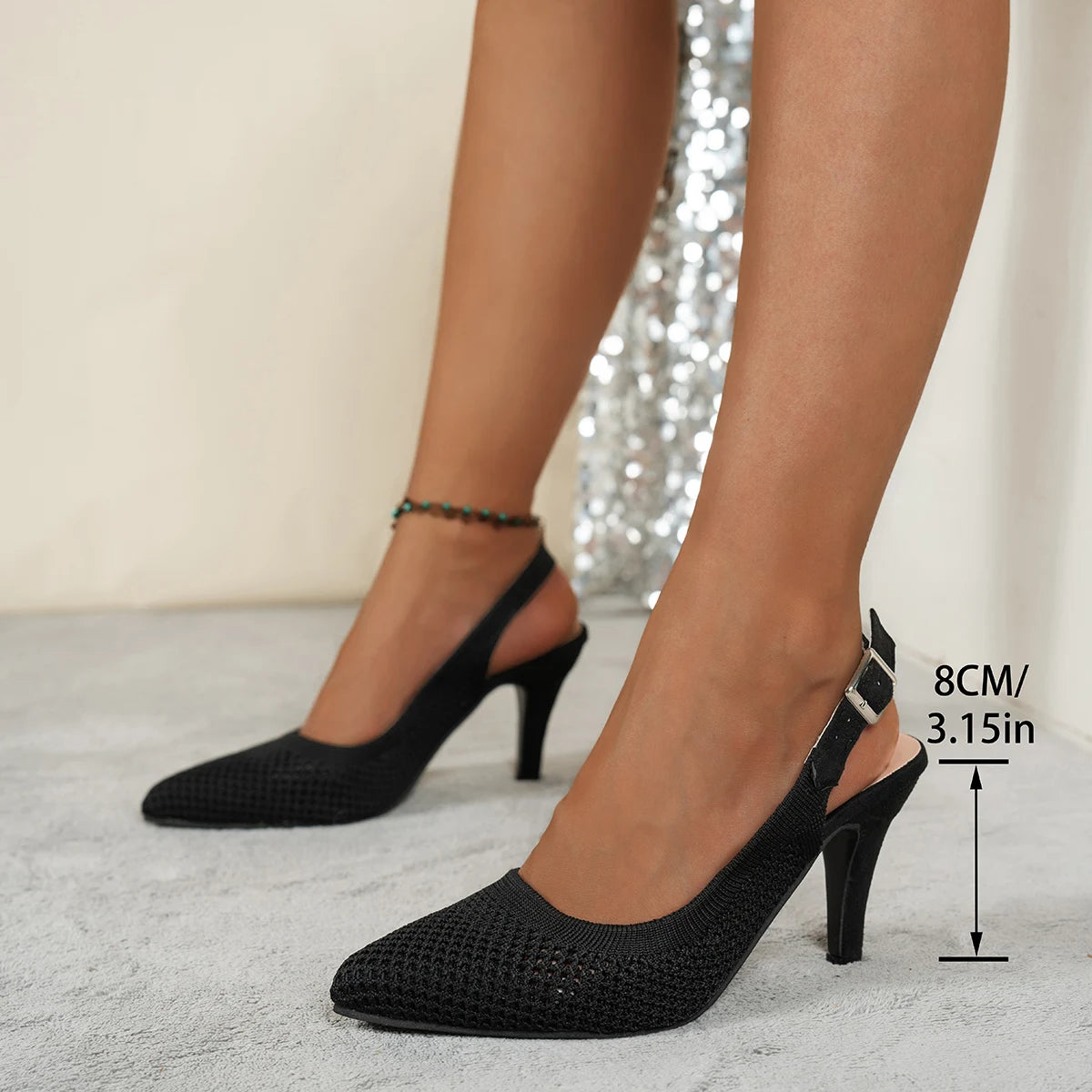 Vintage Green Knitted Slingback Sandal. Pointed Toe Breathable Net Dress Pumps