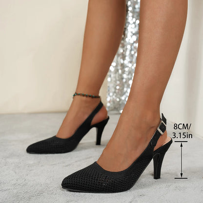Vintage Green Knitted Slingback Sandal. Pointed Toe Breathable Net Dress Pumps