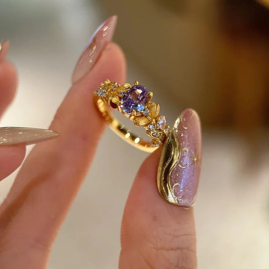 Medieval-Style Bauhinia Tulip Purple Zircon Ring for Women,