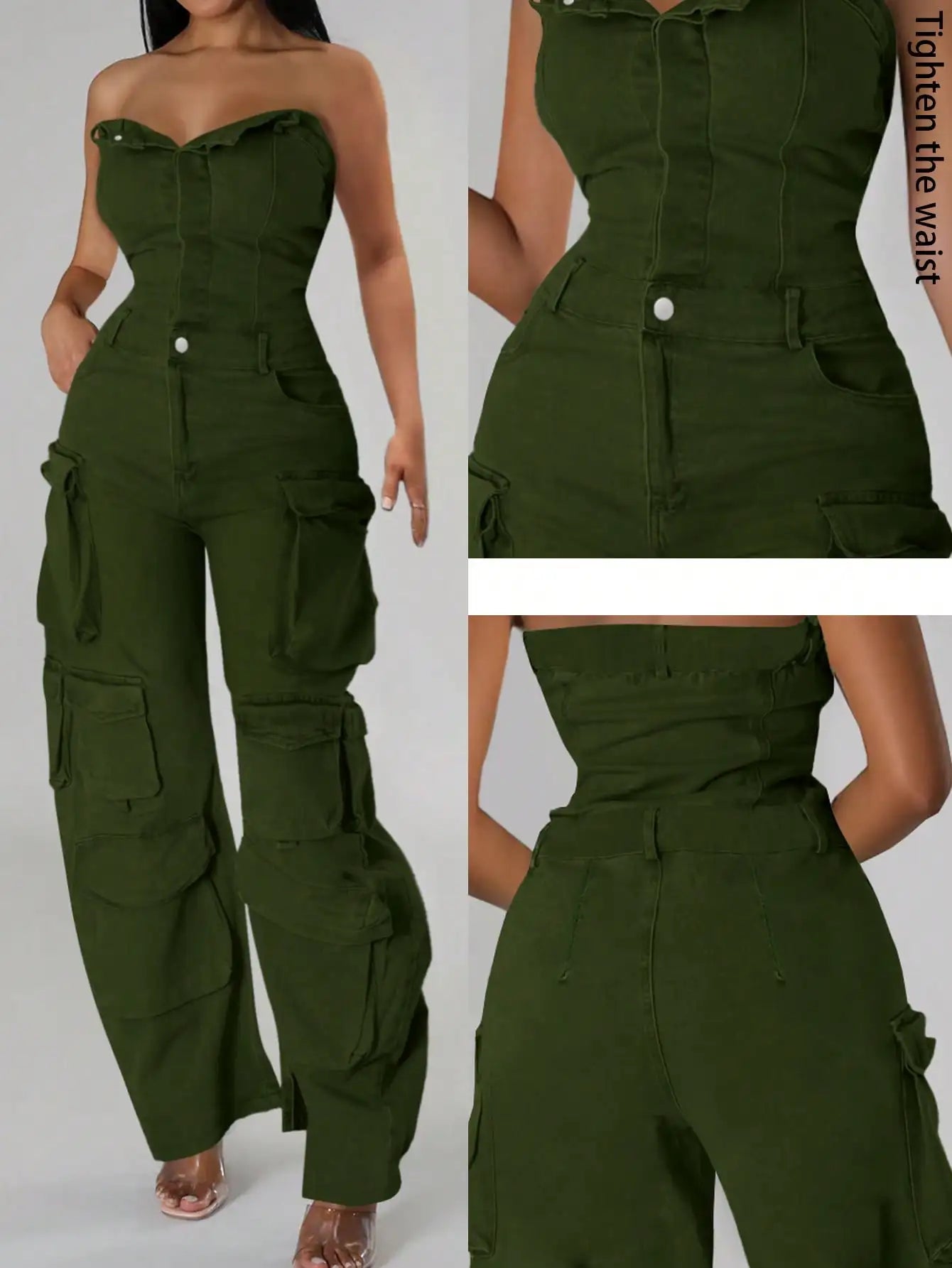 Olive Green Cargo Jumpsuit for Women, High Waist Wide Leg Denim with Multiple Pockets