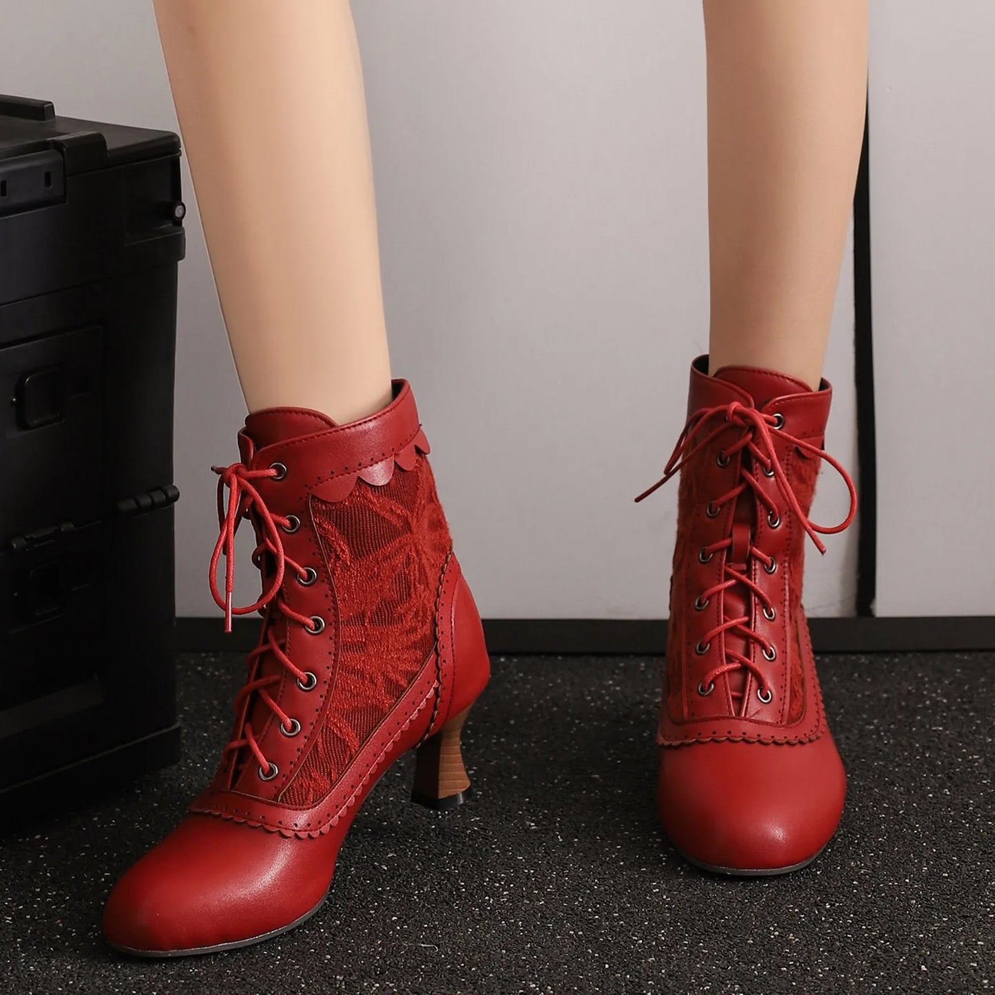 Women's Fashionable Classic Low Heel Ankle Boots Wicker Wedges Lace Color Blocked