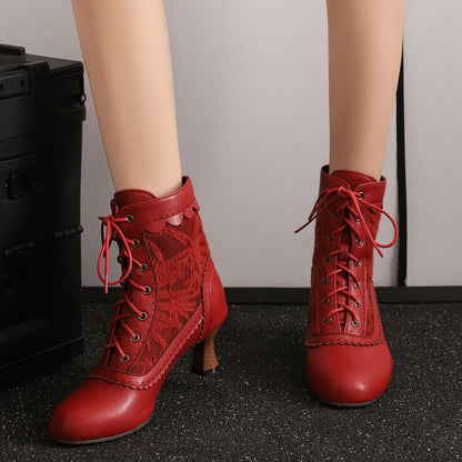 Women's Fashionable Classic Low Heel Ankle Boots Wicker Wedges Lace Color Blocked