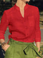 Women's White Linen Blend Button-Up Blouse with V-Neck and Chest Pocket
