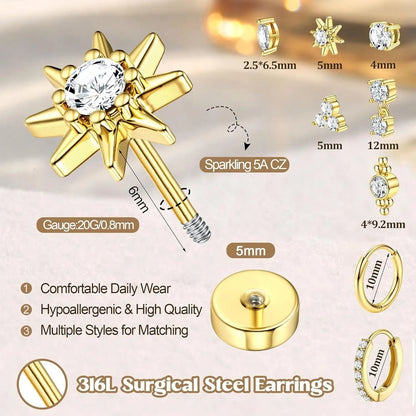 8 Pairs 20G Hypoallergenic Flat Back Stud,and Hoop Earrings