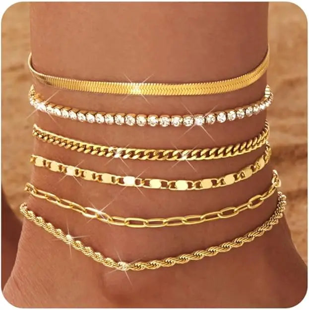 6PCS Ankle Bracelets for Women 14K Gold-plated  Anklets Stainless Steel