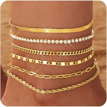 6PCS Ankle Bracelets for Women 14K Gold-plated  Anklets Stainless Steel