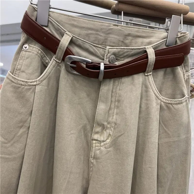 Khaki Color Women's High Waist Straight Leg Jeans Pear Shape Body Slimming Harlan Wide Leg Pant