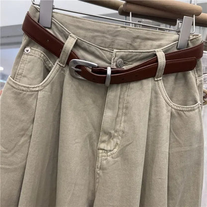 Khaki Color Women's High Waist Straight Leg Jeans Pear Shape Body Slimming Harlan Wide Leg Pant