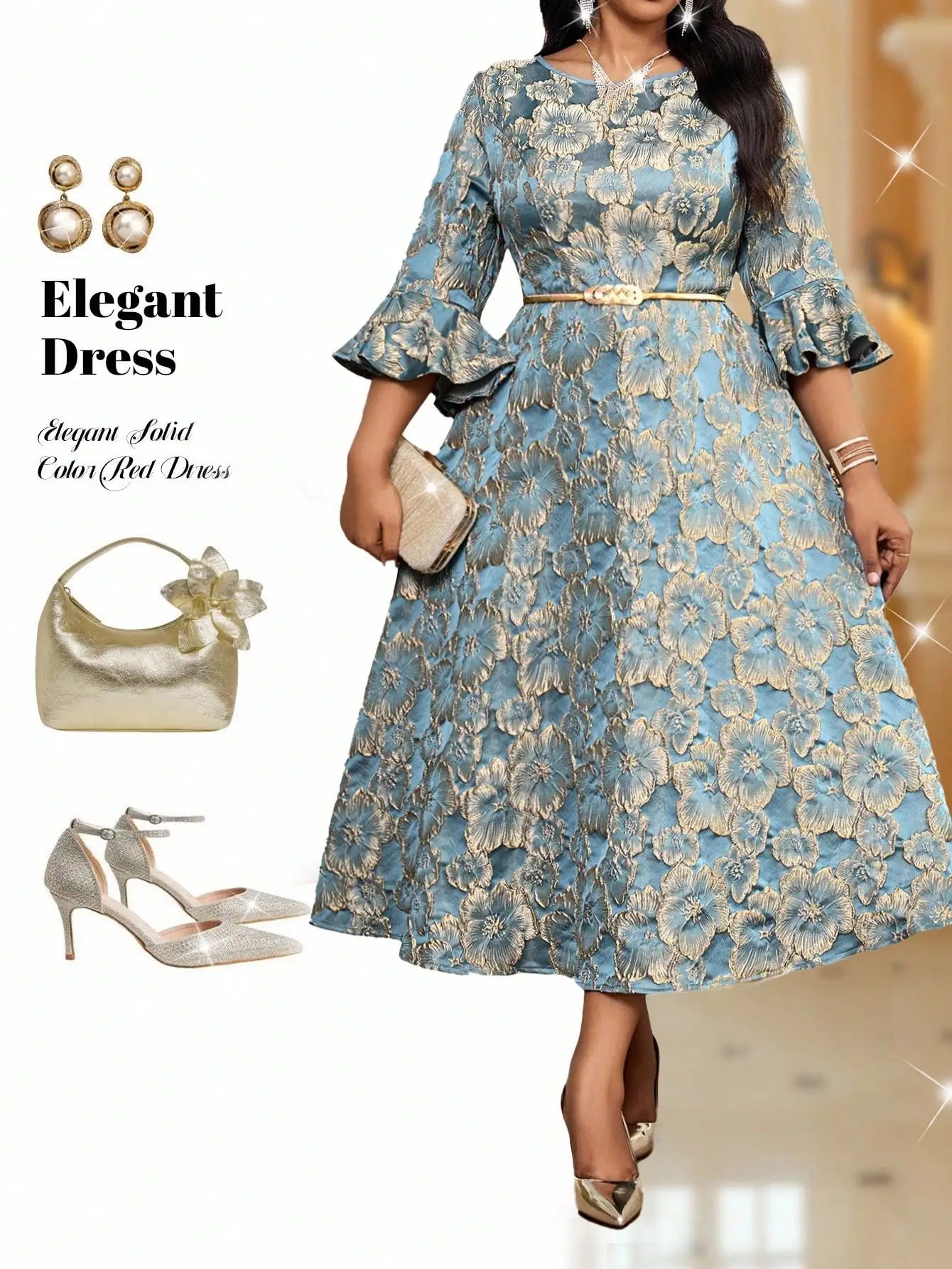 Plus Size Jacquard Floral Dress with Flared Sleeves & Waist Belt