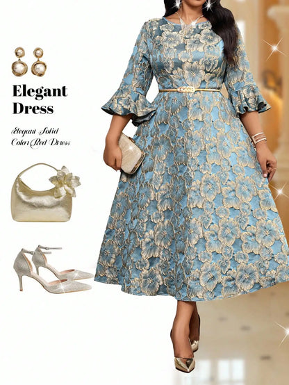 Plus Size Jacquard Floral Dress with Flared Sleeves & Waist Belt