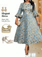 Plus Size Jacquard Floral Dress with Flared Sleeves & Waist Belt
