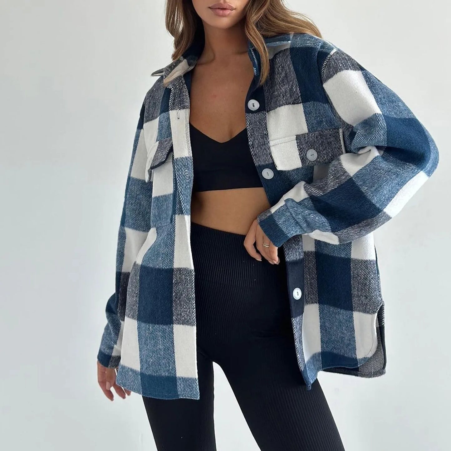 Fall Winter Classic Plaid Shirt for Women Plus Size Flannel Button Down Lapel Shirt