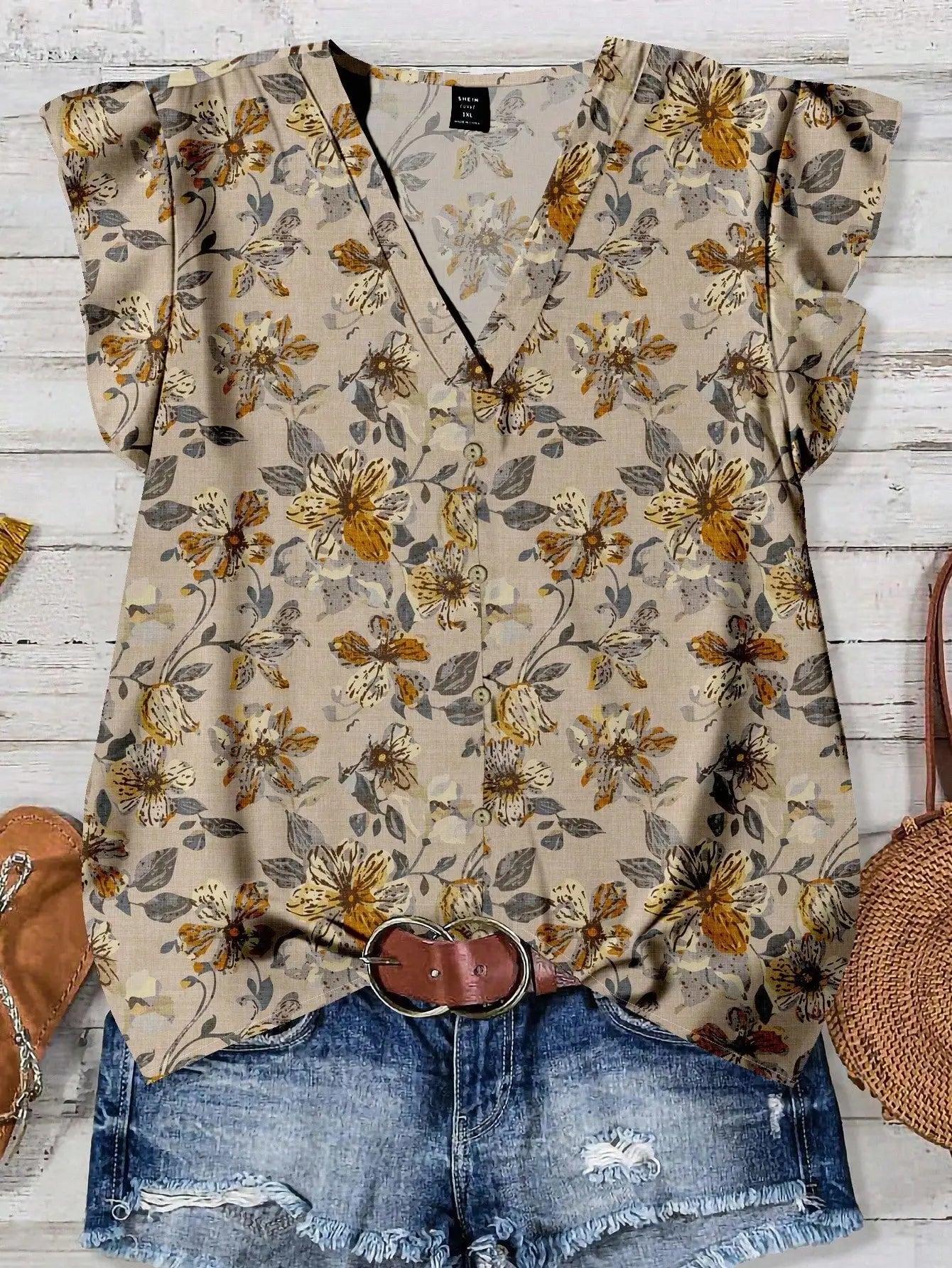 Women's V-Neck Floral Print Button-Up Blouse, Loose Fit, Lightweight