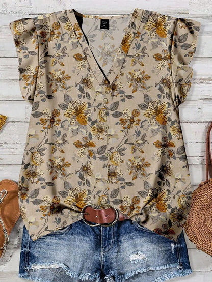 Women's V-Neck Floral Print Button-Up Blouse, Loose Fit, Lightweight