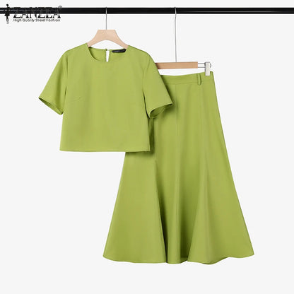 ZANZEA Fashion 2PCS Women Summer Dress Set Short Sleeve Blouse Sundress Casual Solid Outfits