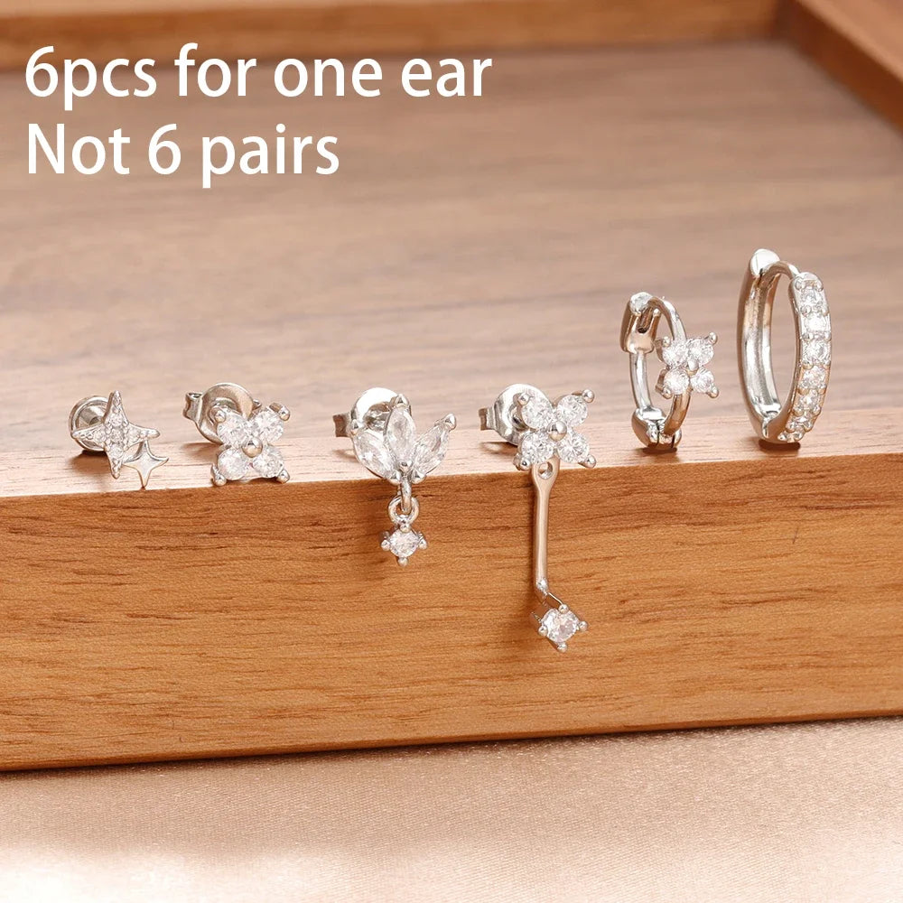 6PCS Fashion Cute Zircon Flower Ear Stud 18K Gold Plated Star Ear Stud Earrings