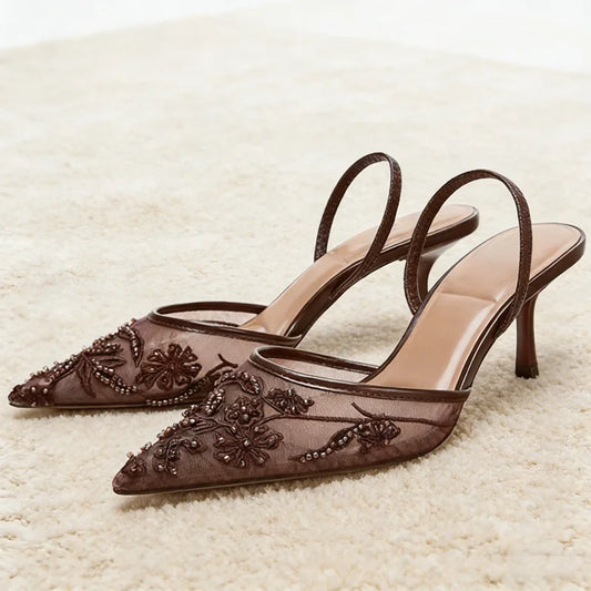 Brown String Bead Mesh Embroider Slingback High Heels Sexy Pointed Toe