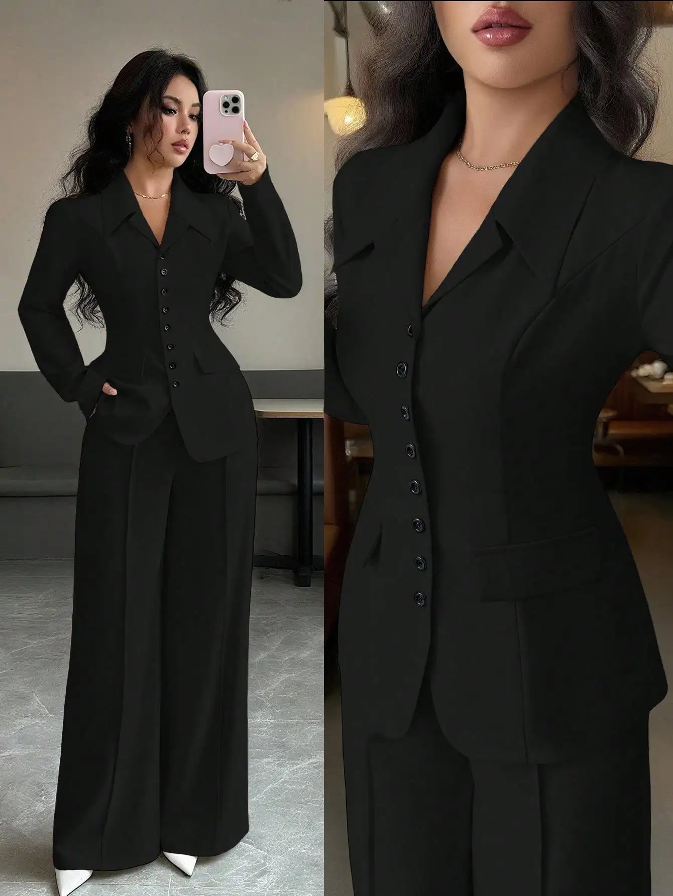 Cream Solid Color Tailored Blazer & Wide Leg Pants 2-Piece Set, V-Neck, Contrast Buttons,