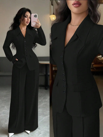 Cream Solid Color Tailored Blazer & Wide Leg Pants 2-Piece Set, V-Neck, Contrast Buttons,