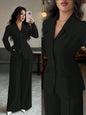 Cream Solid Color Tailored Blazer & Wide Leg Pants 2-Piece Set, V-Neck, Contrast Buttons,