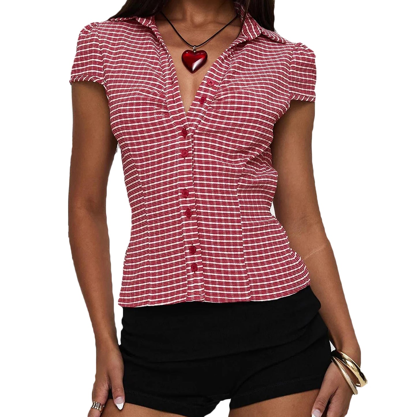 Women s Stylish Plaid Print Short Sleeve Shirt Lapel Button Down