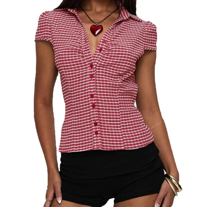 Women s Stylish Plaid Print Short Sleeve Shirt Lapel Button Down