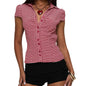 Women s Stylish Plaid Print Short Sleeve Shirt Lapel Button Down