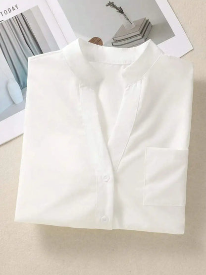 Women's White Linen Blend Button-Up Blouse with V-Neck and Chest Pocket