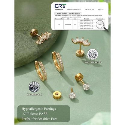 11 Pairs Flat Back Earrings for Women-20G Surgical Stainless Steel Stud and Hoop Earring
