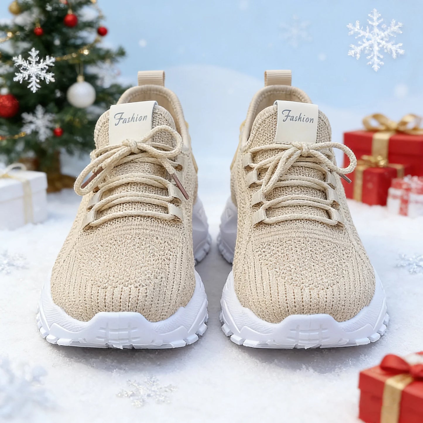 Fashion Knitted Sneakers for Women Mesh Breathable Lace-up Casual Sports Shoes