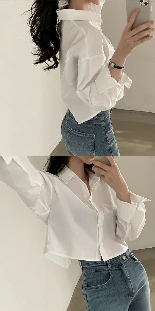 Spring New Casual Long Sleeve Women White Shirt Solid Button Split Woman Crop Tops