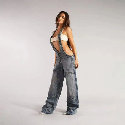 Low Waist shoulder Strap Wide Leg Jeans Low Rise Cargo Trousers with Straps