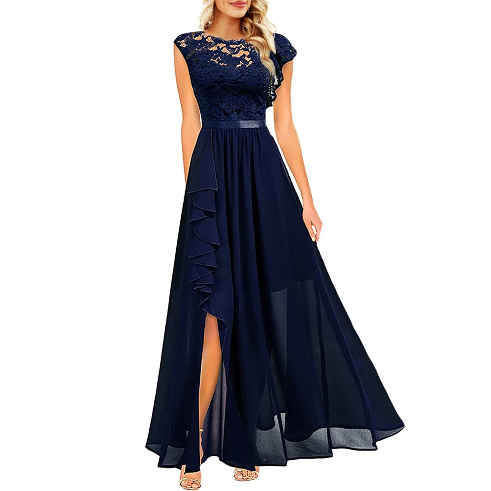Elegant Women Sleeveless Long Evening Dress With Belt Slit Ruffles