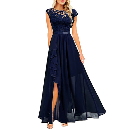Elegant Women Sleeveless Long Evening Dress With Belt Slit Ruffles
