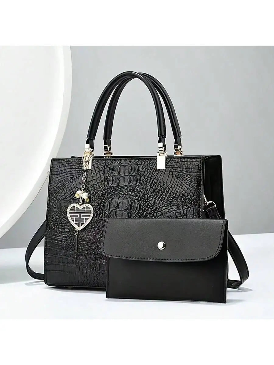 White Croc-Embossed Top Handle Handbag with Detachable Wallet