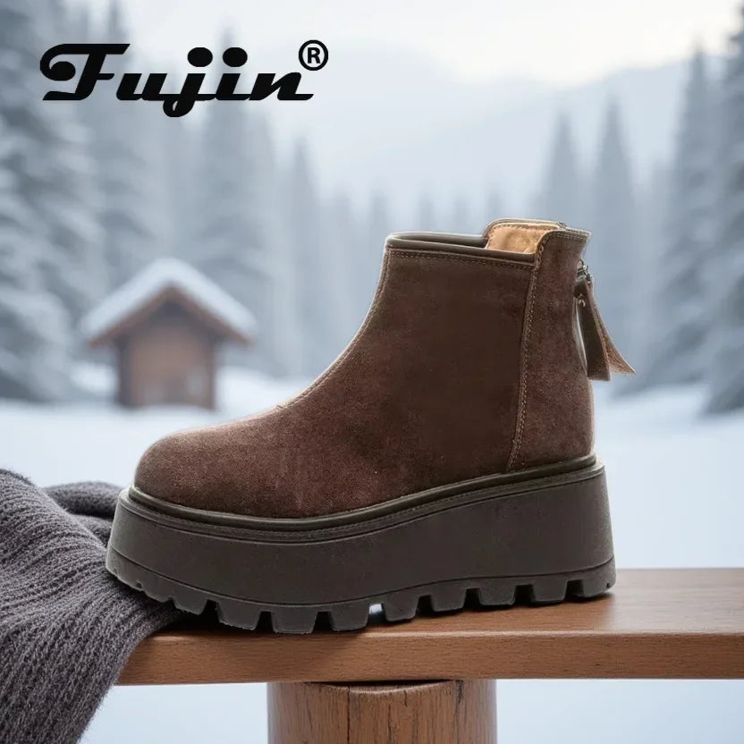 Fujin 7cm Suede Leather Snow Boots Non Slip Chelsea Boots Chunky Heel